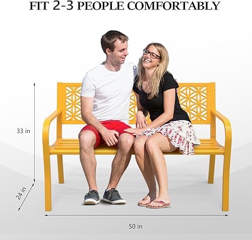 Miniatura 3 de VINGLI Banco de metal para exteriores de 50 pulgadas con respaldo floral, banco de jardín delantero para patio, entrada, parque exterior, capacidad