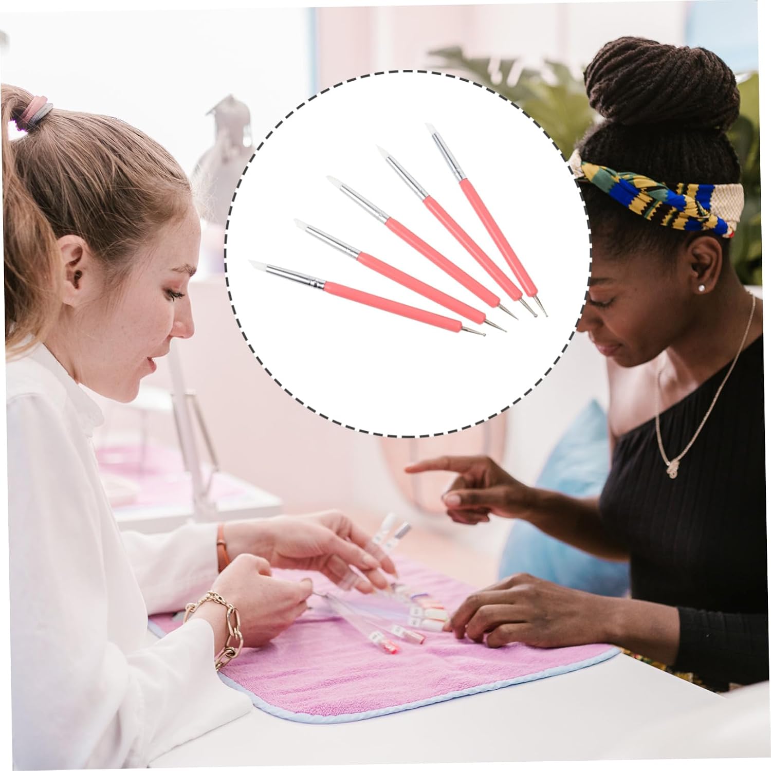 SHOWERORO 5pcs Dual-ended Acrylic Nail Art Dotting Pens with Silicone Brush Tips, Pink Manicure Dotting Tools for Home and Salon Nail Design