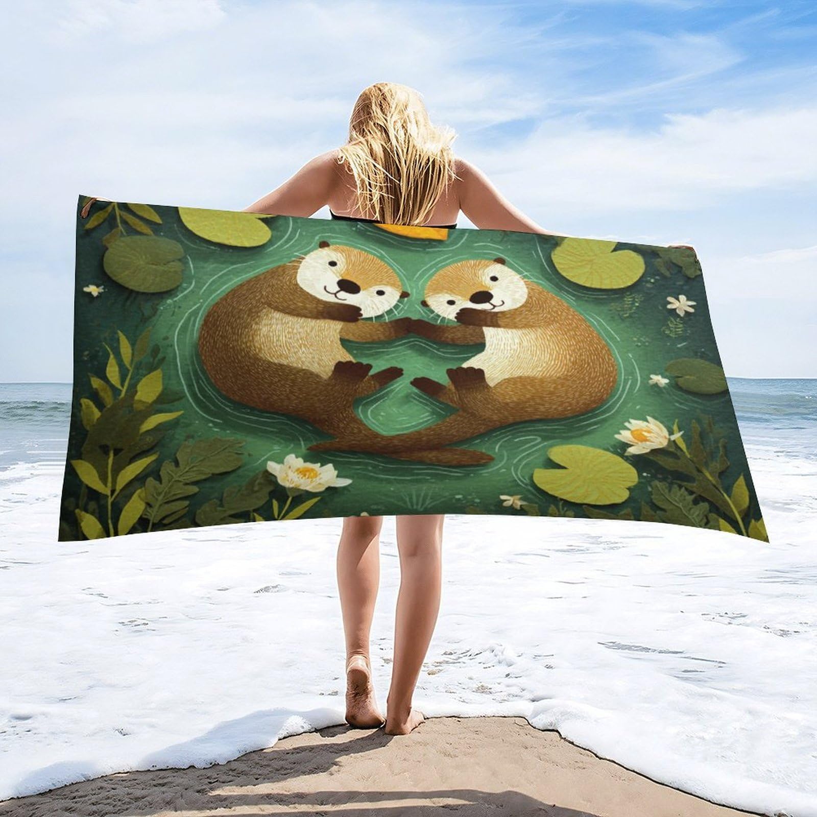 Luyysky Classic Cartoon Otter Couple Quick-Drying Beach Towel, Fantasy Abstract Animal Otter Plant Lotus Leaves Floral Travel Vacation Single Sided Pile Bathroom Towels-80 W Cm X 160" L Cm