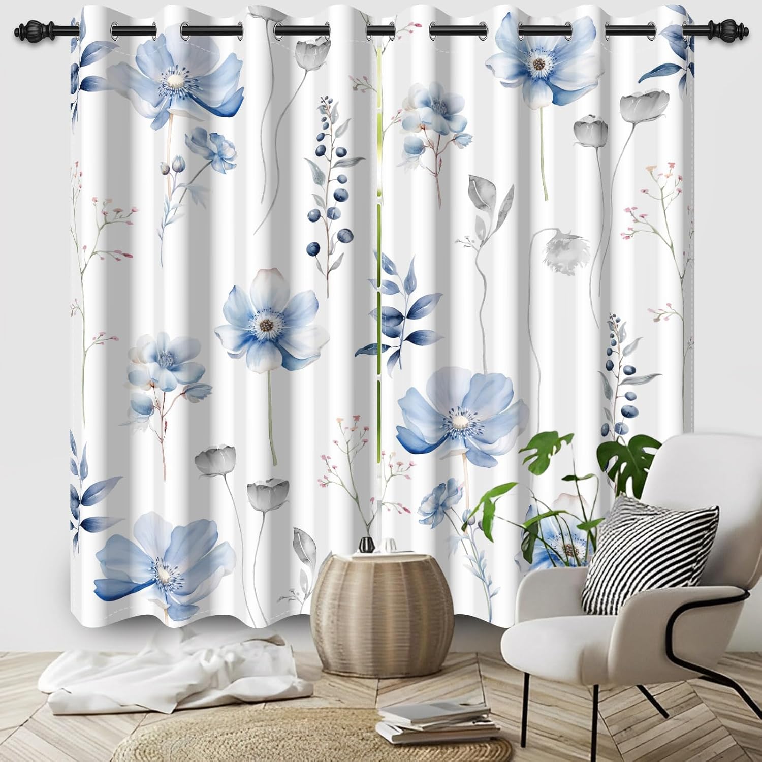 Spring Blue Floral Window Curtains Watercolor Flowers Plants Printed Blackout Window Treatment Sets Spring Scenery Window Drapes Bedroom Living Room Light Blocking Decor,53x84 inch,2 Panels