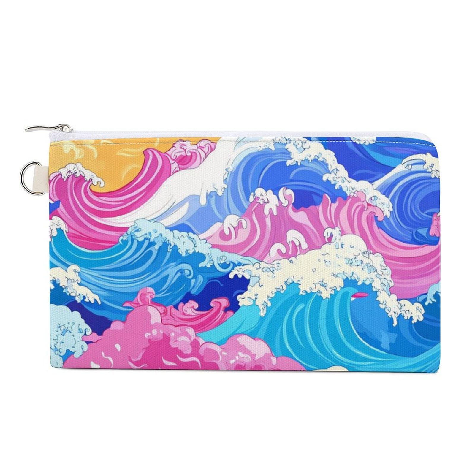 Wave Japanese Coin Purse Canvas Change Pouch Portable Pocket Wallet Mini Storage Bag with Zippered Keychain