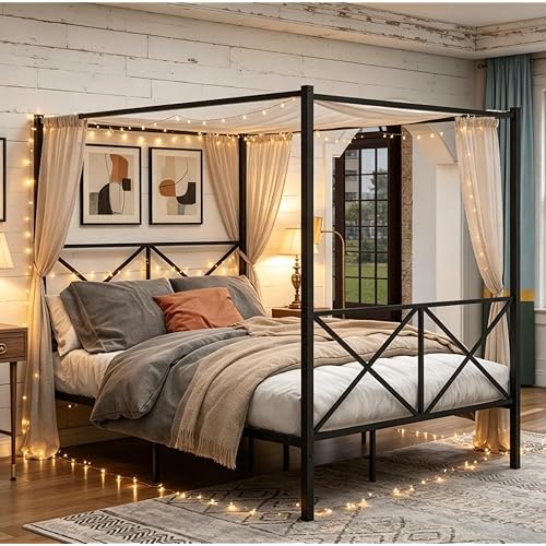 Bellemave Queen Canopy Bed Frame, Metal Canopy Platform Bed, No Box Spring Needed, Black with X Shaped