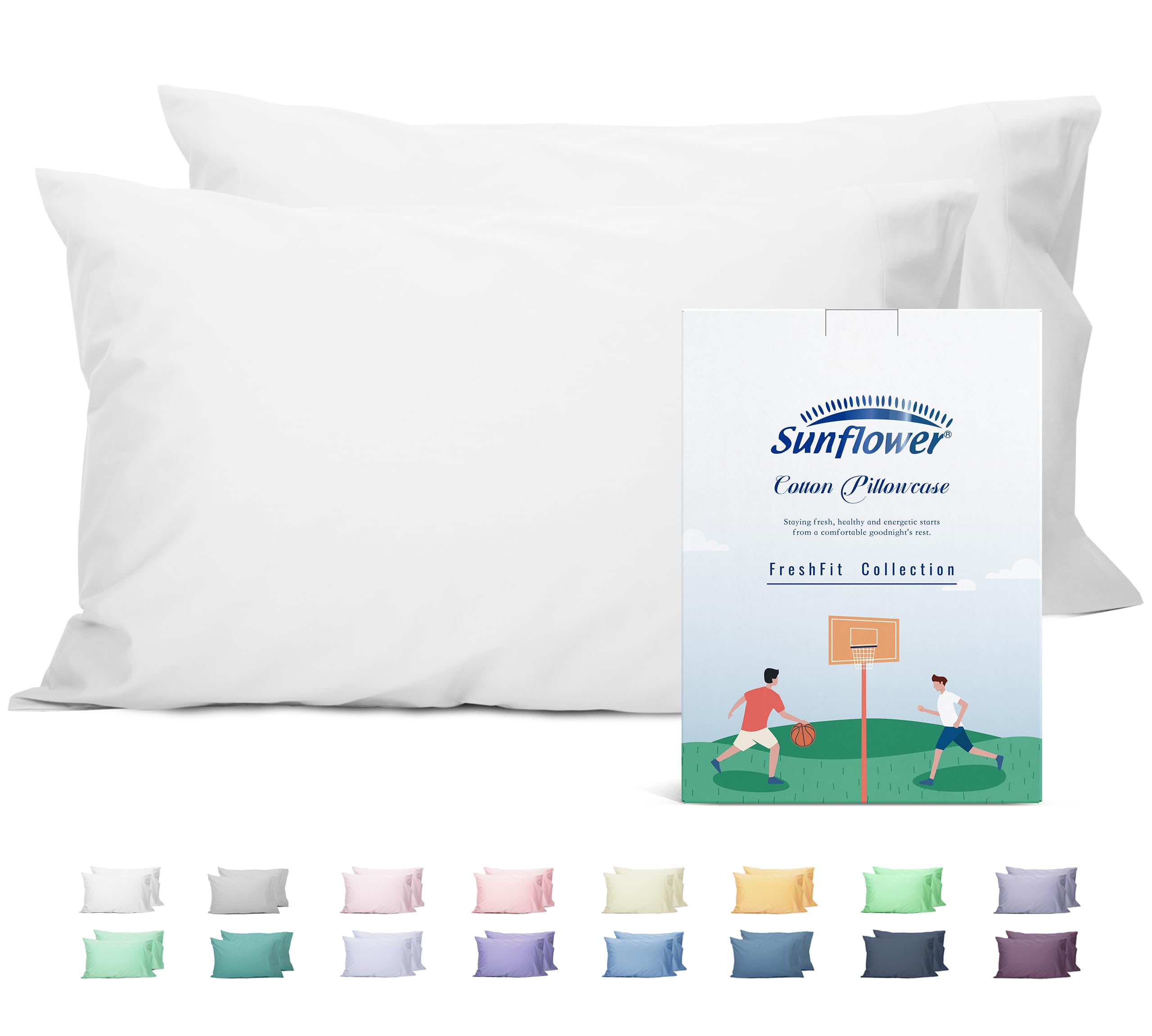 Sunflower Queen Pillowcases Set of 2, 100% Cotton Queen Pillow Cases 2, 20×30 inches Bright White, Soft and Breathable