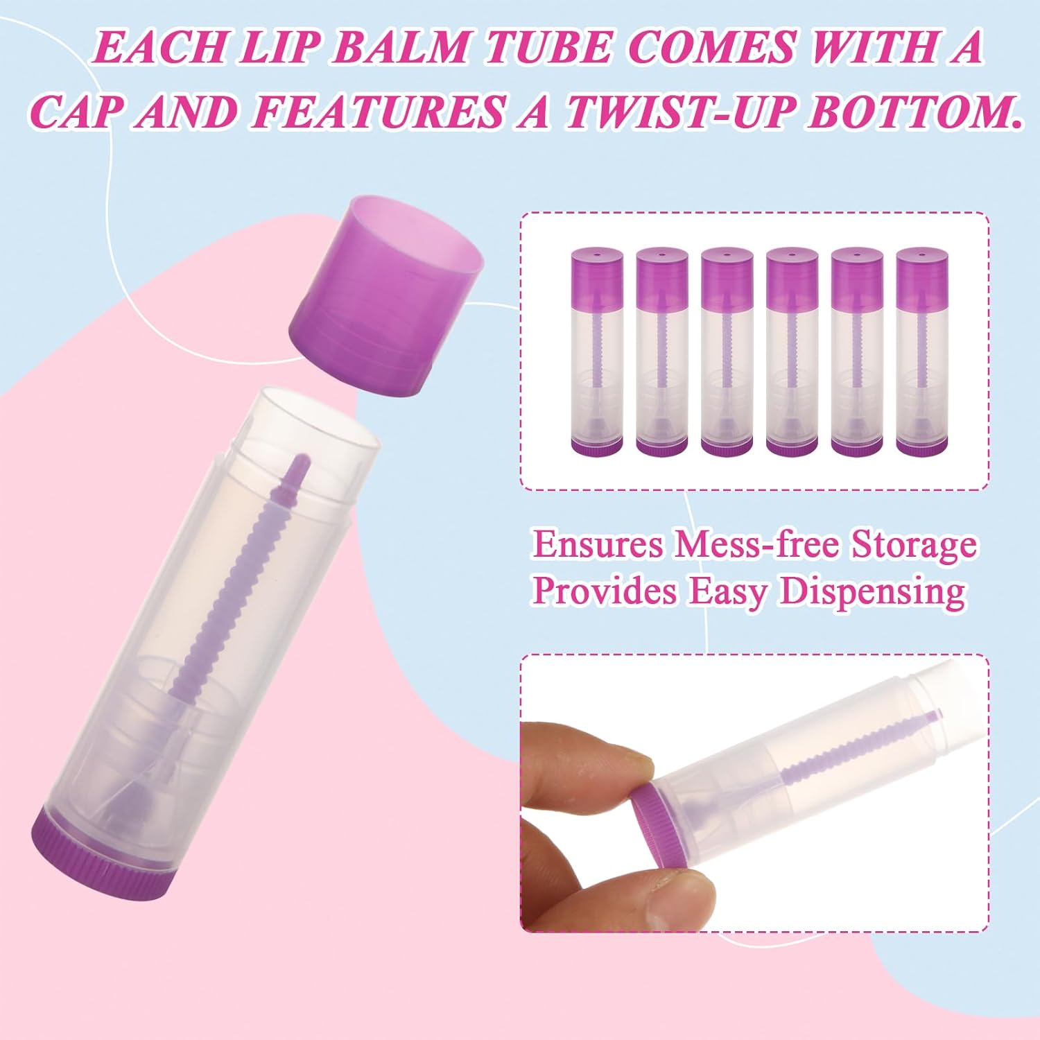 200Pack Plastic Lip Balm Tubes 5ml/5g Purple Lip Balm Containers, Chapstick Tubes Empty with Filling Tray and Spatula, Rotating Type Refill Lip with Cap for DIY