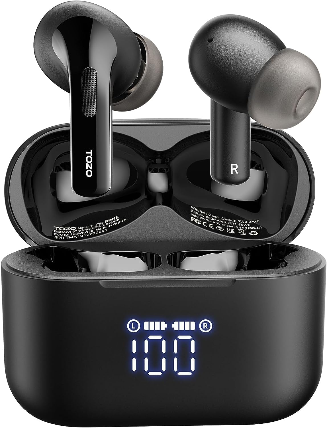 TOZO T20 Wireless Earbuds Bluetooth Headphones 48.5 Hrs Playtime, IPX8 Waterproof, Dual Mic Call Noise Cancelling with Wireless Charging Case Black