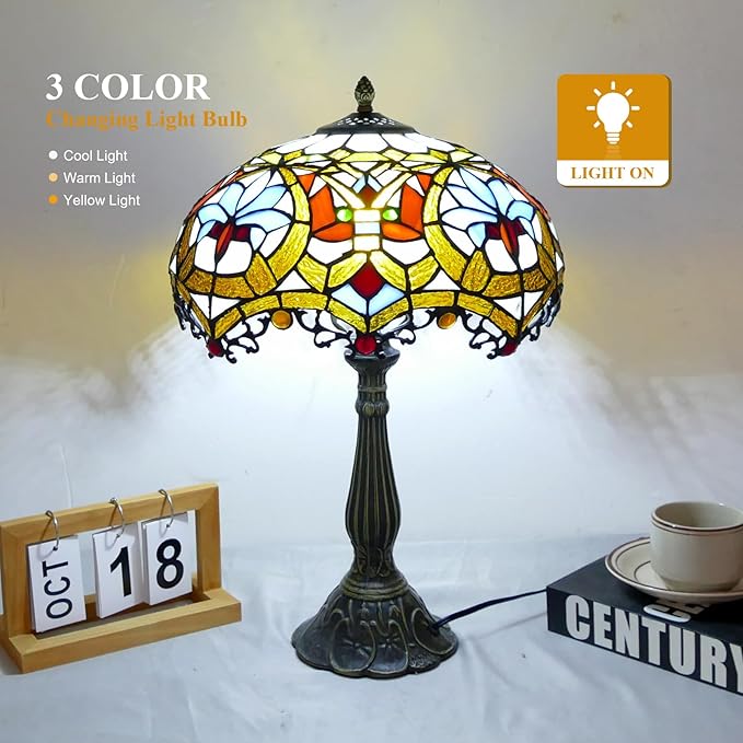 VirtueKing Tiffany Lamp Stained Glass Lamp 12x12x19 Inches Lantern Style Bedside Table Lamp with Color Changing LED Bulb for Bedroom Living Room Home Office Decor photo 2