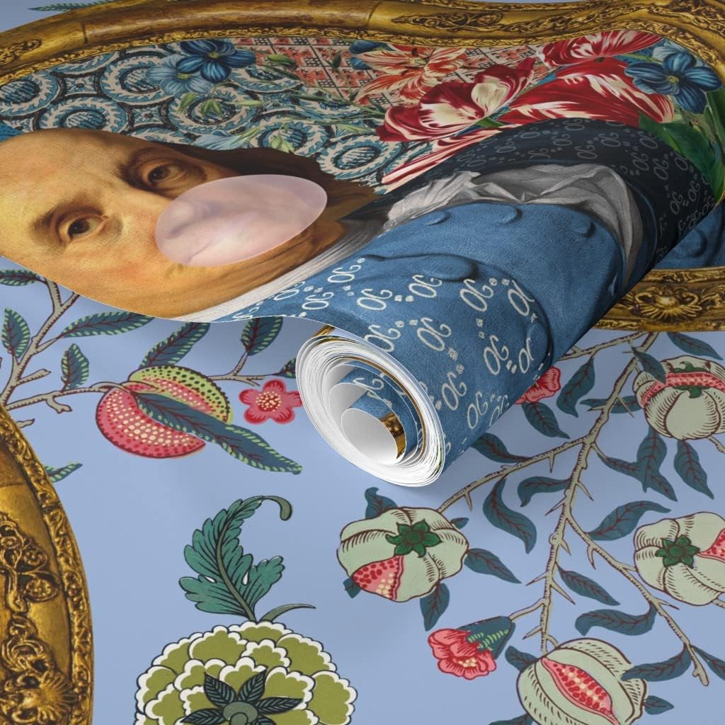 Spoonflower Removable Wallpaper 3ft x 2ft - Benjamin Franklin Bubblegum Portrait Floral Print Blue Novelty Custom Pre-Pasted Wallpaper