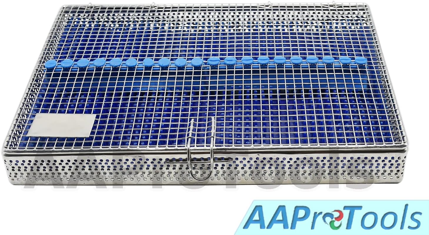 11" X 8" X 1.3" Instrument Tray Mesh Perforated Cassette Sterilization Tray Case Box Lock Lid with Silicone Mat Silicone Mats for Sterilization Tray Case Box Dental Instruments DN-2373