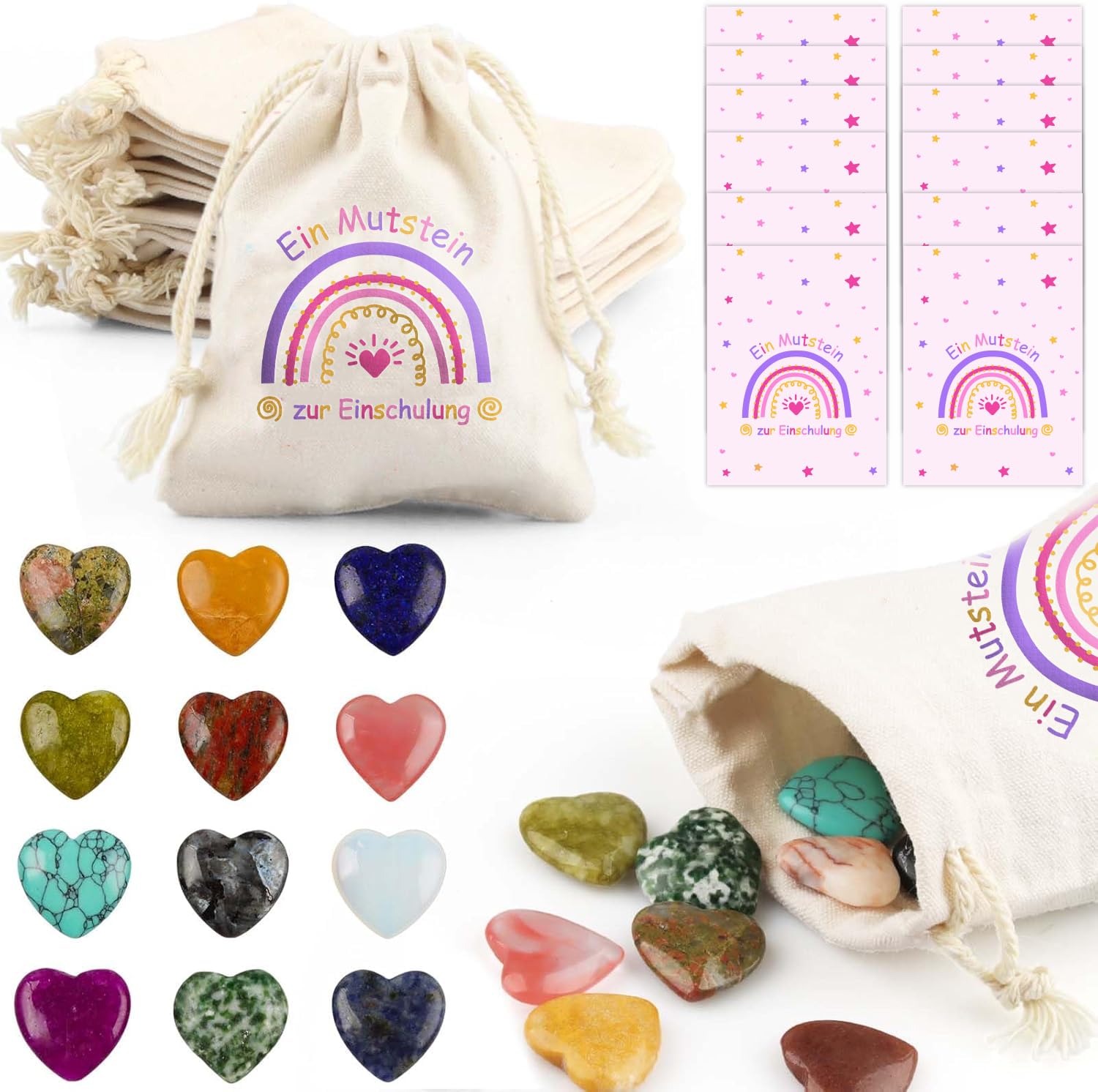 12er Glückssteine Set mit Jutesäckchen - Mutstein, Edelsteine & Kärtchen - Vielseitiges Mitgebsel für Kindergeburtstag, Taufe, Weihnachten, Wichteln - Glücksbringer & Mutmacher für Kinder (12 Stück)