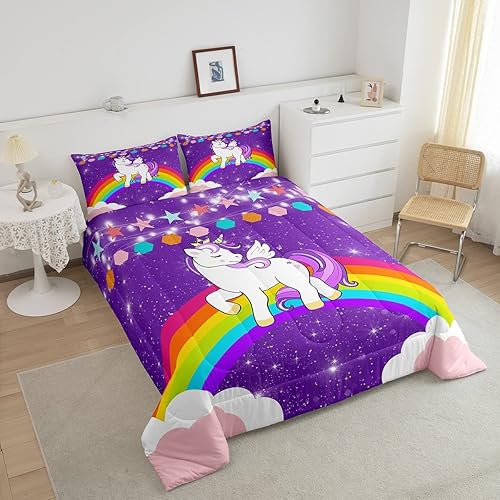 Miniatura 4 de Juego de edredón de unicornio para niñas, tamaño individual, juego de ropa de cama con diseño de arcoíris, bonito edredón de plumón con purpurina de