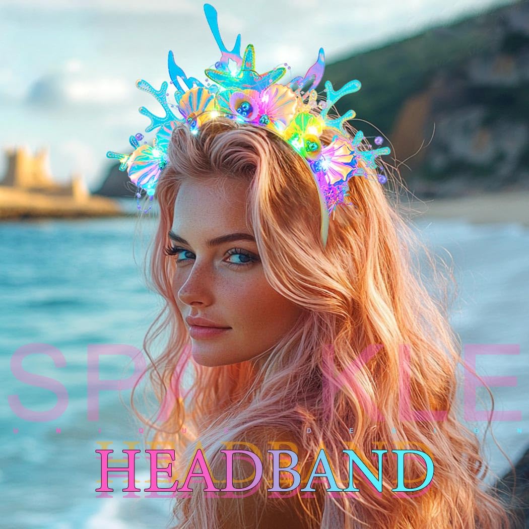 Handcess Oplichtende zeester kroon hoofdband blauwe LED schelp haarband gloeiend zeemeermin kostuum haarband lichtgevende rave haaraccessoires voor vrouwen
