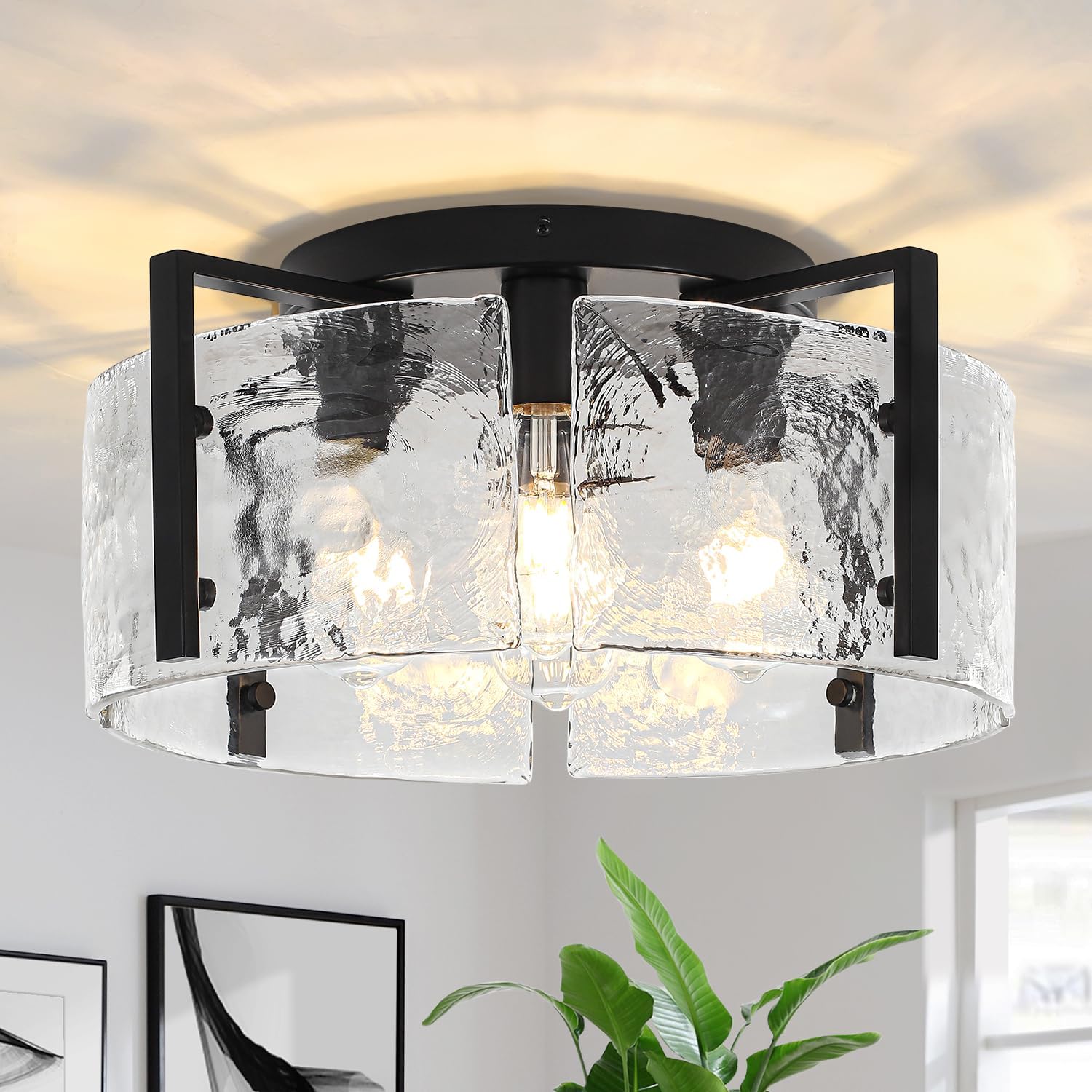 18.5'' Modern Black Semi Flush Mount Ceiling Light, Entryway Light Fixture, 4-Light Glass Ceiling Lights for Hallway Foyer Kitchen Island Dining Room Bedroom Living Room Bathroom Lighting Fixtures
