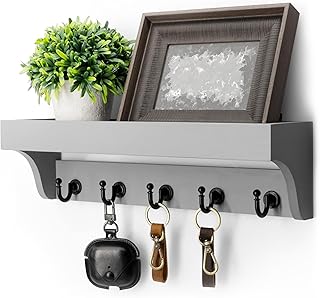 Rebee Vision Decorative Key Holder for Wall - Modern Farmhouse Wall Mount Mail Organizer Keys Hanger with Floating Shelf, 5 Rustic Key Hooks for Entryway Home Decor (Gray)