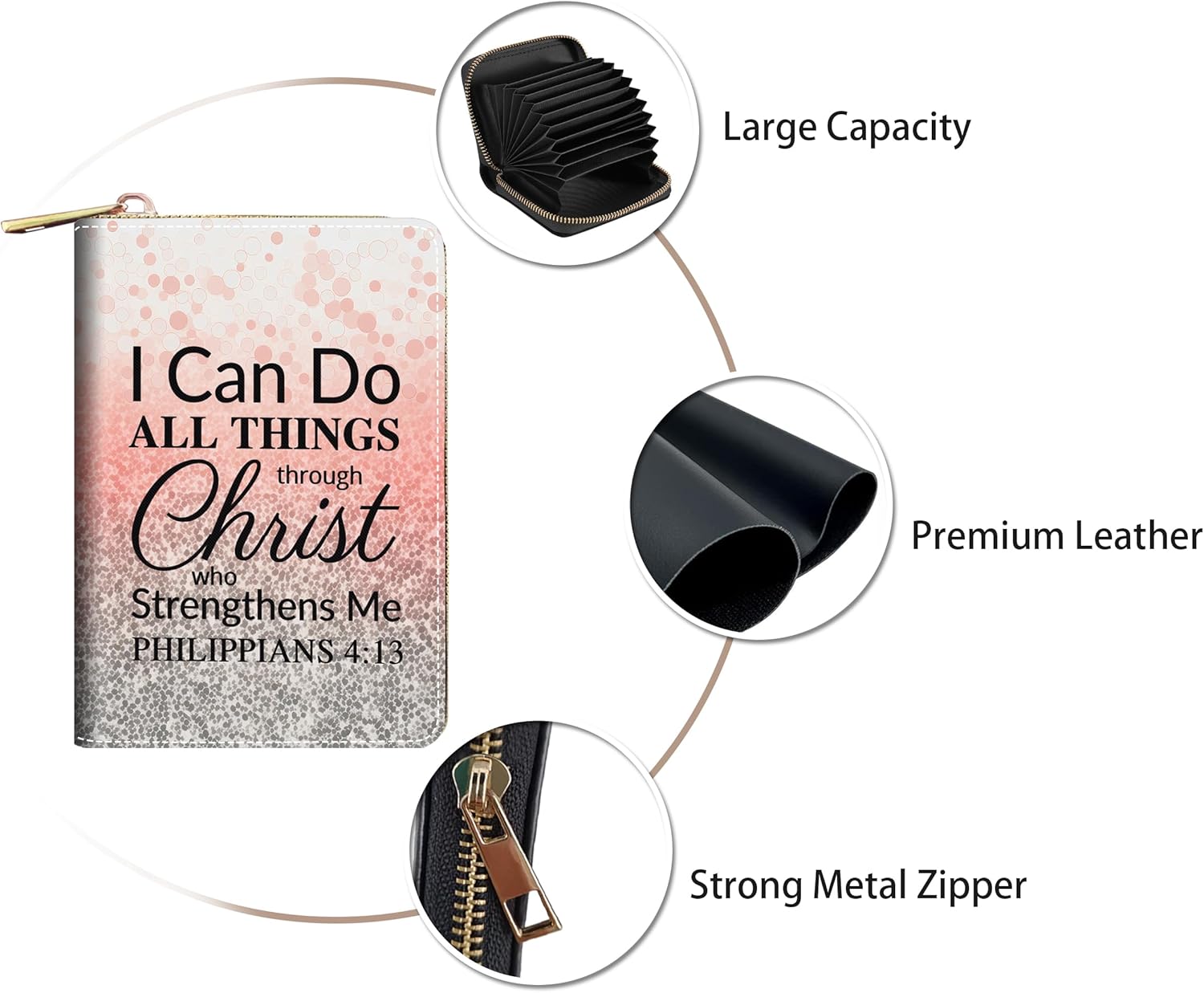 Credit Card Holder Wallets for Women, RFID Blocking Small Leather Card Case Wallet with Zipper Accordion Wallets, Bible Verse Philippians 4:13 - Image 3