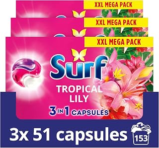 Surf 3 in 1 Tropical Lily Laundry Washing Detergent Capsules joy-infused fragrance with natural essential oils lasting up to 12 hours in wear for brilliantly clean results 153 washes (3x 51 capsules)