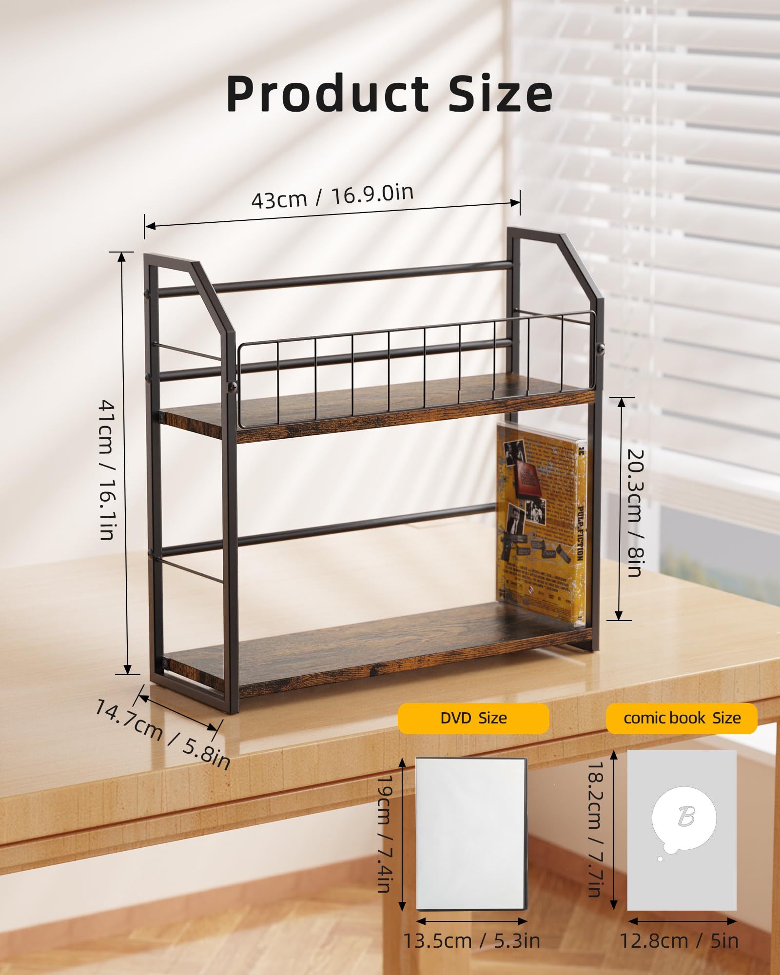 TJ.MOREE 2-stöckiges DVD-Rack mit 56 Ebenen und Schallplattenaufbewahrung, industrieller Retro-Kohlenstoffstahl/Holz, platzsparender Schreibtisch-Organizer