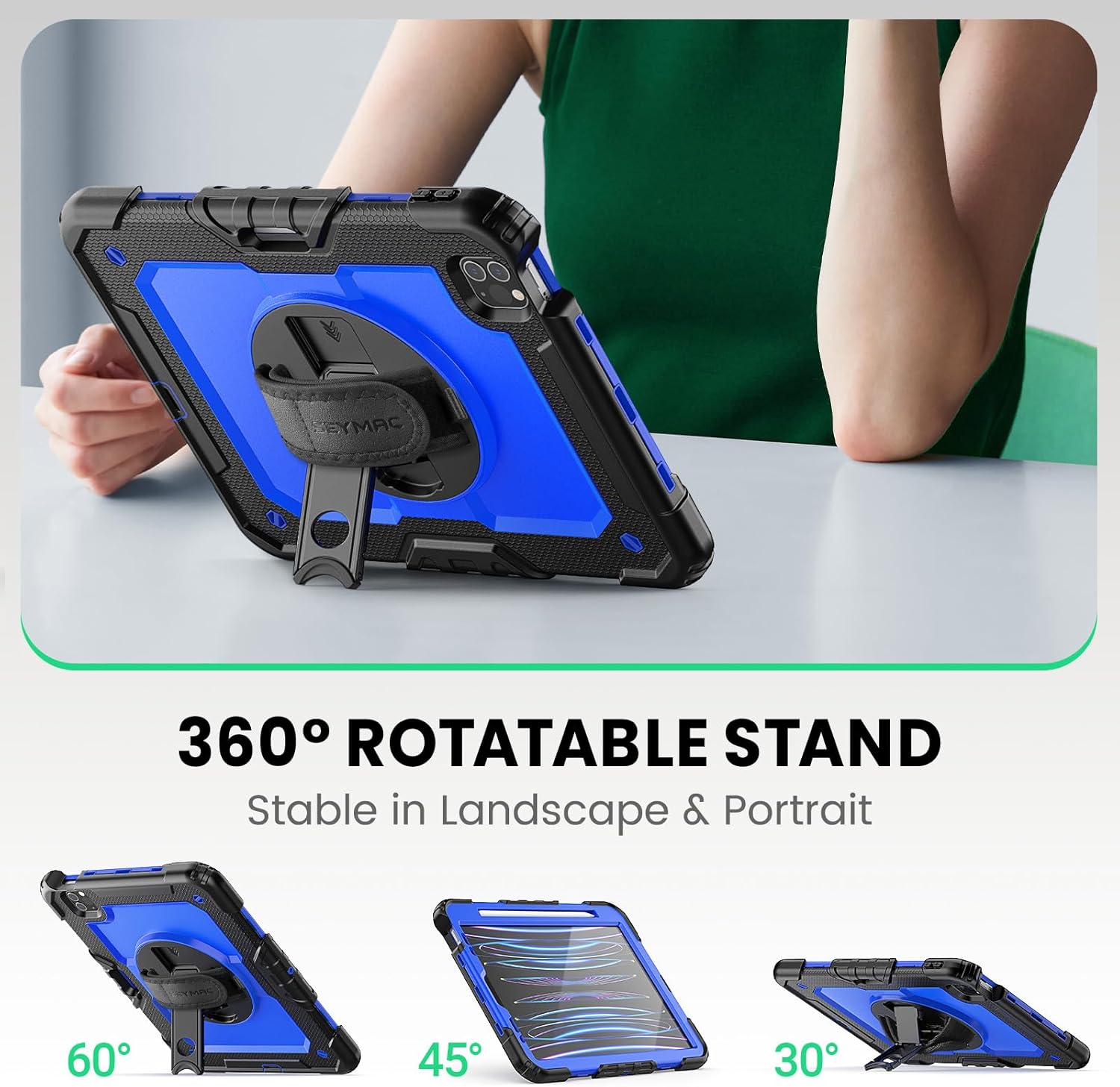 SEYMAC Case for iPad Pro 11 Case 4th/ 3rd/ 2nd/ 1st Gen (2022/2021/2020/2018), Full-Body Shockproof Protective Case with Screen Protector, 360° Rotating Stand and Hand/Shoulder Strap, Blue