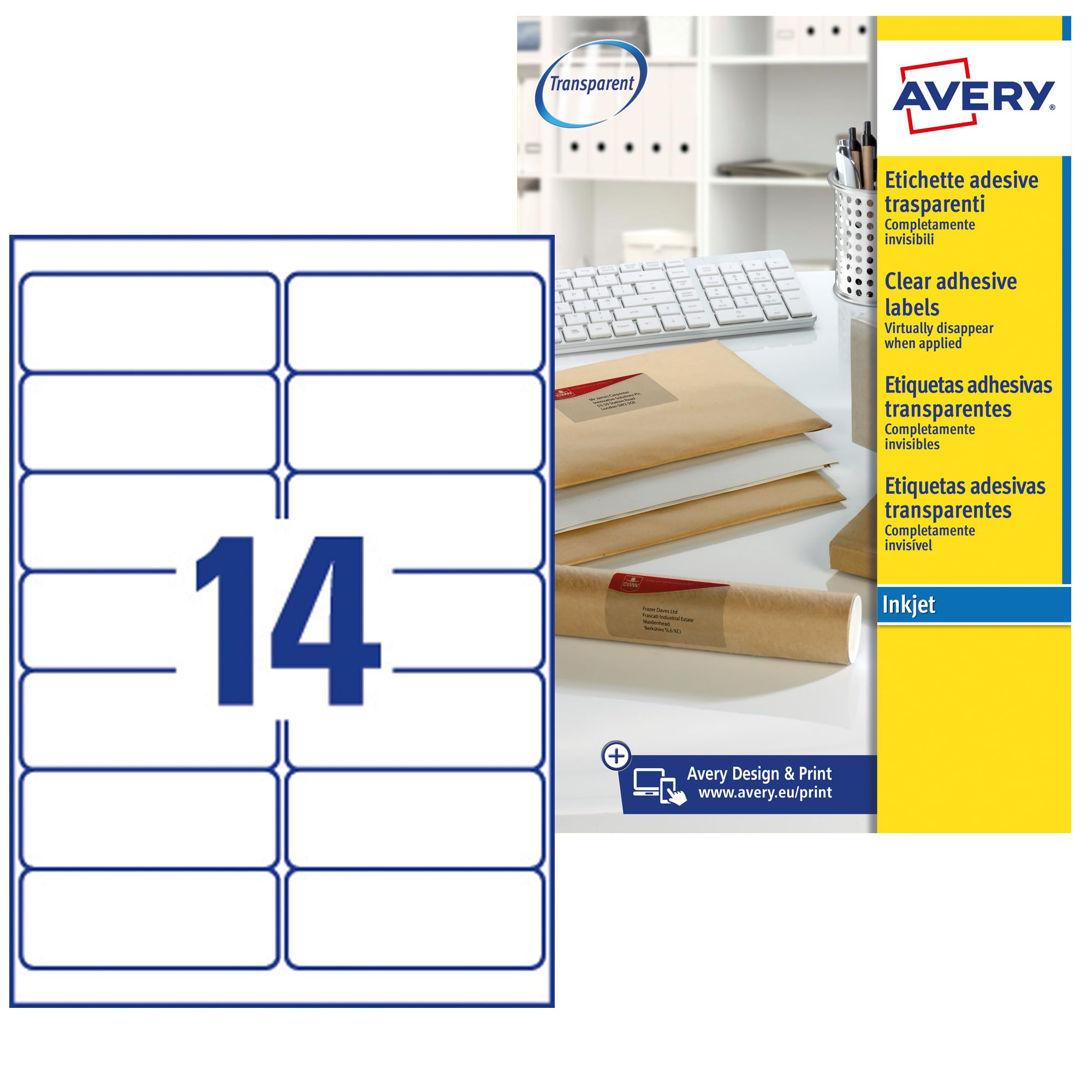 AVERYSelf-Adhesive Clear Address Labels for parcels envelopes and Crafting 14 Labels Per A4 Sheet -Transparent Stickers (J8563-25)