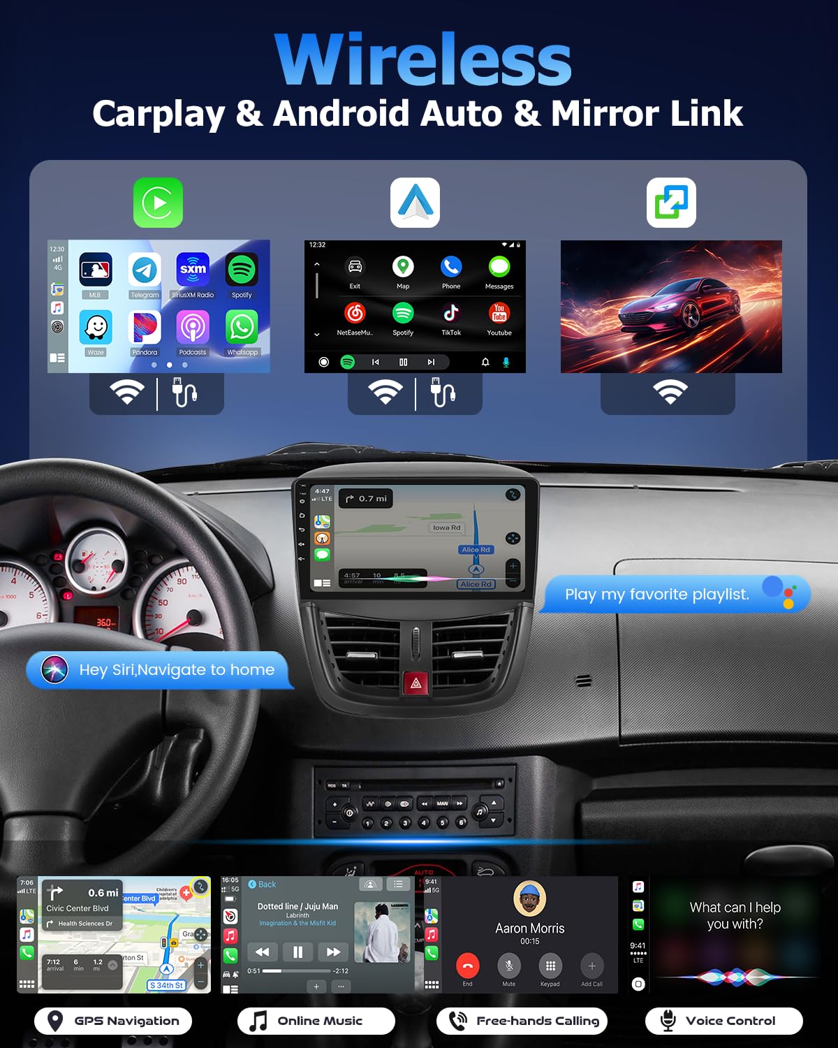 Hikity Radio samochodowe 4+64G dla Peugeot 207 2006-2015 z Android Auto