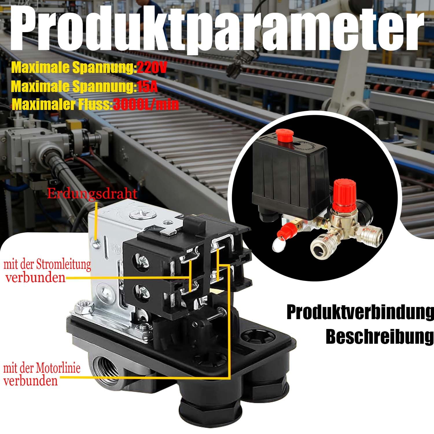 Pressostato per Compressore d'Aria con Regolatore di Pressione 220V, Manometro, Valvola di Sicurezza, Raccordi Rapidi G1/4", 90-120 PSI, Controllo Manuale ON/OFF