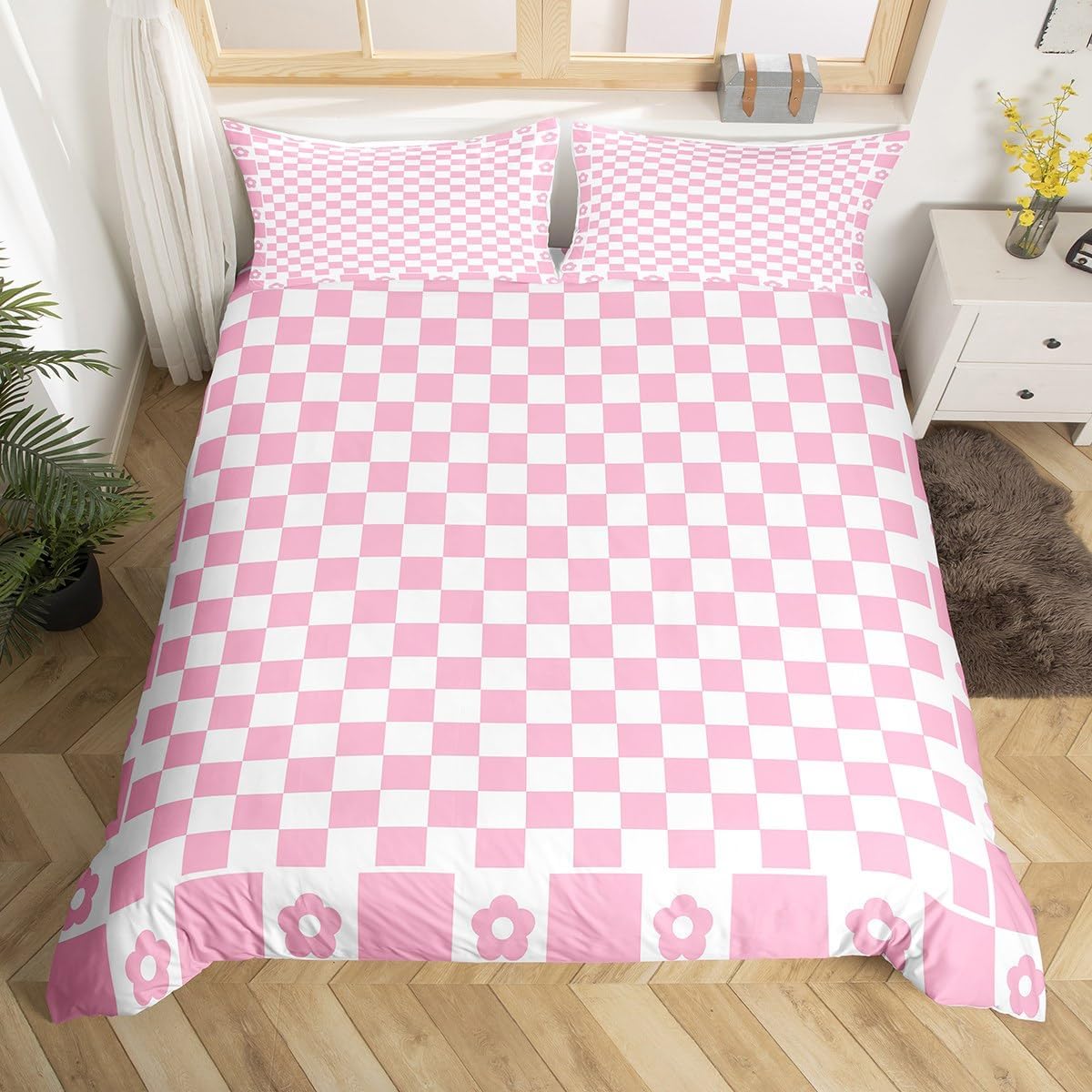Checkered Lattice Duvet Cover Set Toddler Size,Geometric Plaids Grids Squares Bedding Set,Boys Girls Room Decor,Cute Daisy Cartoon Flowers Comforter Cover,Orange Quilt Cover,1 Pillowcase(No Filler)