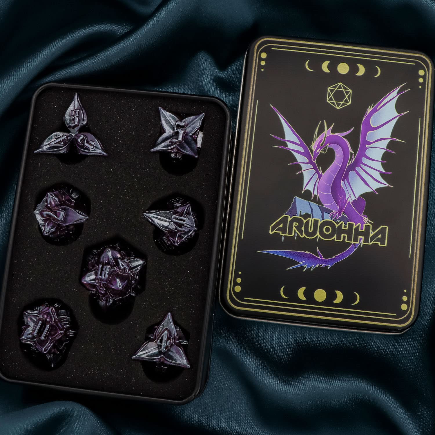 ARUOHHA DND - Juego de dados de metal hechos a mano con diseño de hojas de dragones con caja de regalo, 7 piezas de RPG poliédricos de 6 caras D y D, dados de juego de rol D20 D12 D10 D8 D6 D4