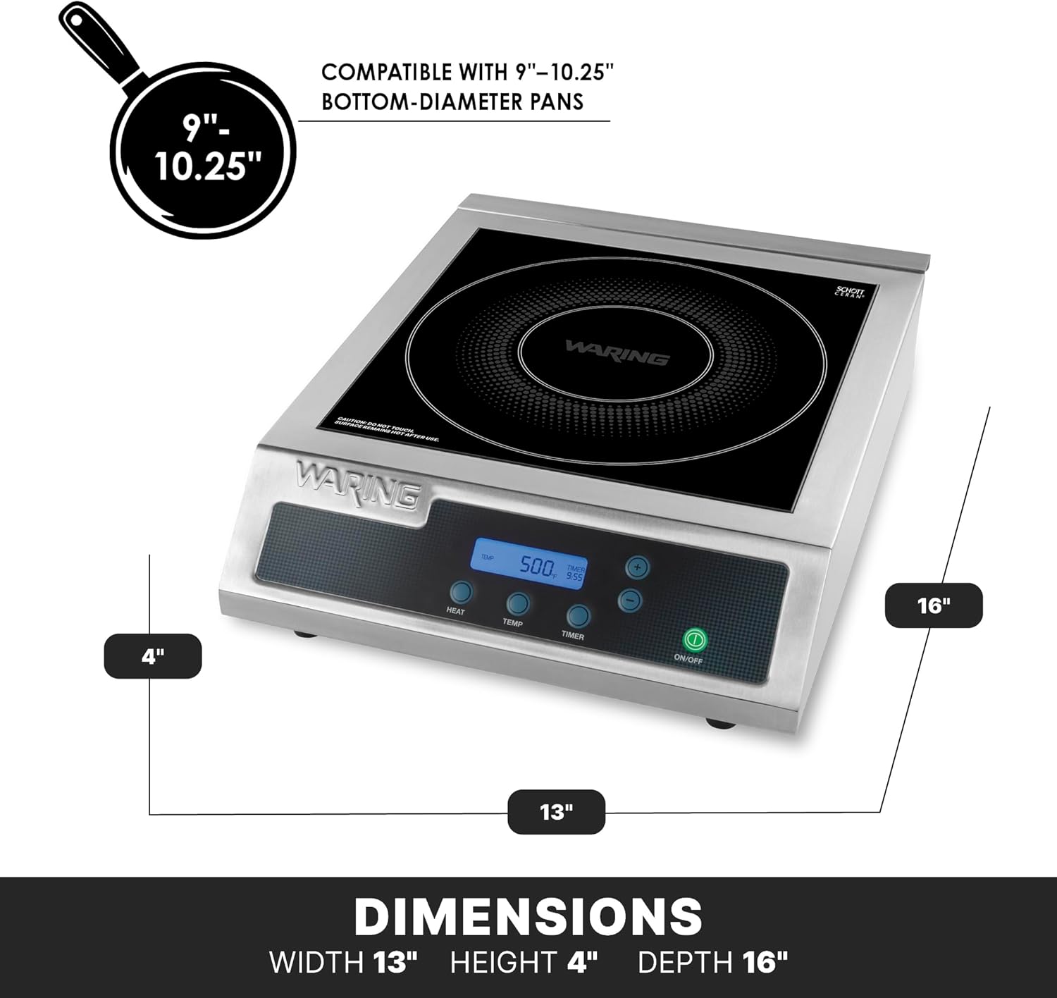Waring Commercial Induction Burner, 11 x 11 Schott Ceramic Glass, for Professional Countertop Cooking and Catering, WIH400X