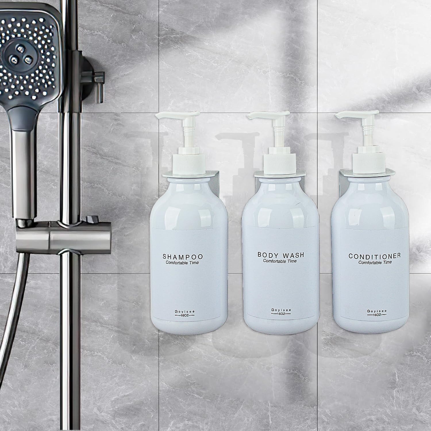 GOYISEE Shampoo and Conditioner Dispenser for Shower Wall 3 Chamber,Refillable Shampoo and Conditioner Bottles with Waterproof Labels,Soap Dispenser with Pumps - Image 2