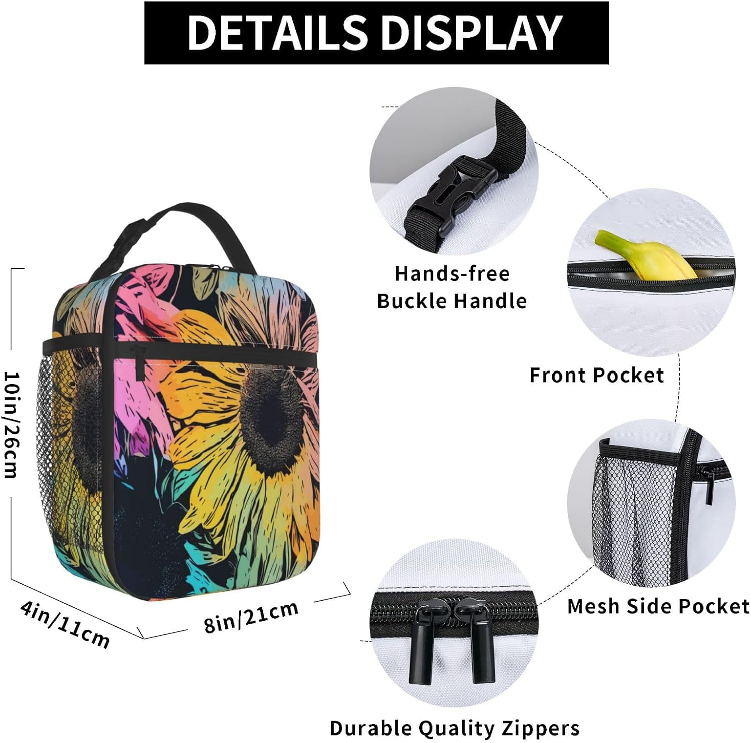 Insulated Lunch Box for Women Girls Kids Sunflower Lunch Box for Work,Picnic,School,Travel,Hiking,Beach or Fishing Polyester Colorful Sunflower Floral Flower Theme Lunch Bag - Image 2