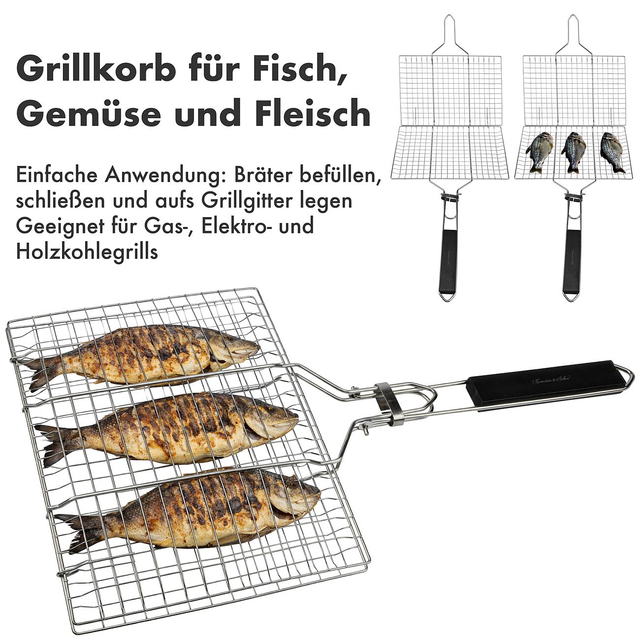 Rosenstein & Söhne Fischgrillzange: 2er-Set Faltbare Edelstahl-Fischbräter, Grillkorb für Fisch und Gemüse (Fischgrillgitter, Fischgriller, Picknick)