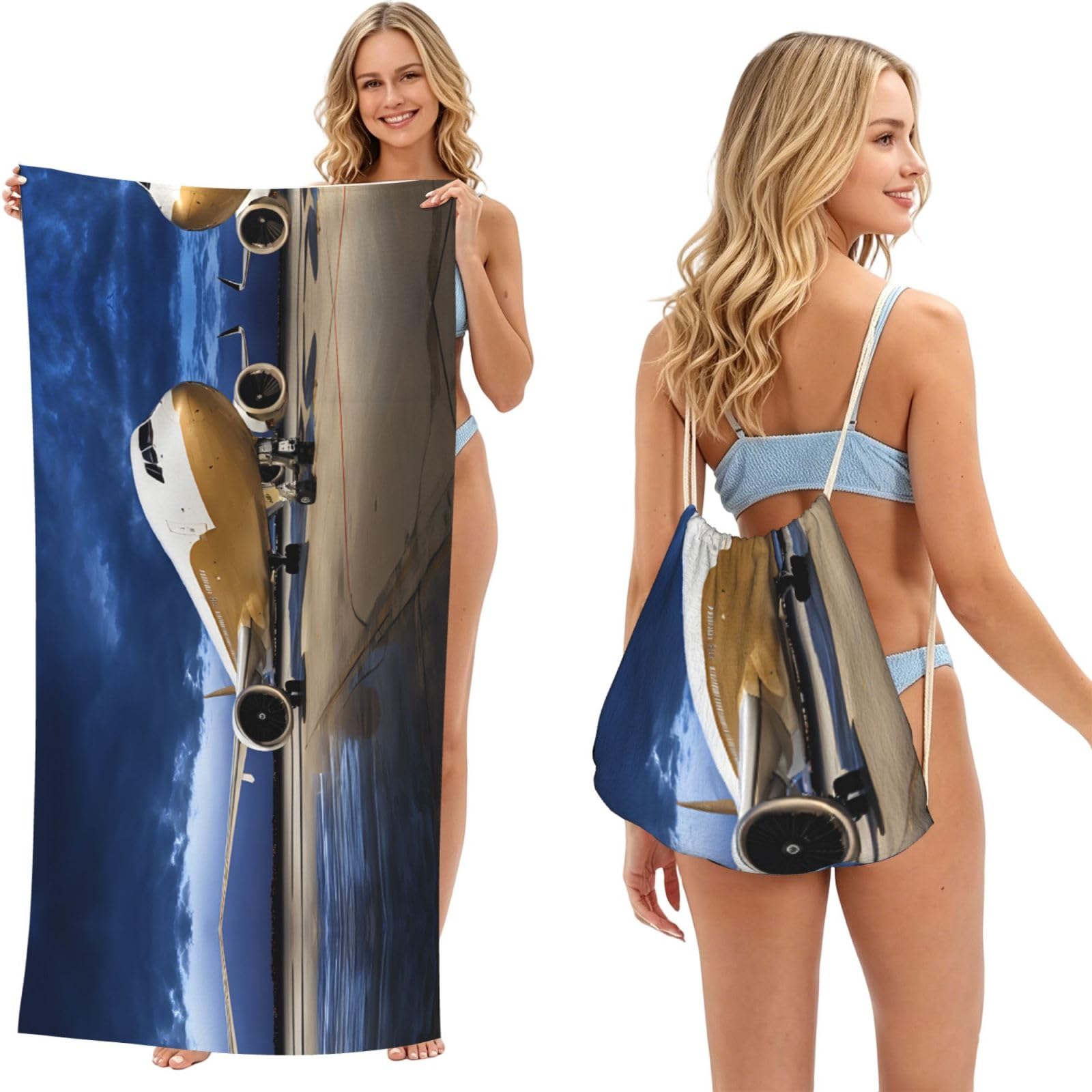 ESNAIUVCD Airplane In The Evening Light Print Beach Towel For Adults,Towel With Drawstring Bag, Travel Pool Swimming Sports Shower Sand Free Quick Dry Bath Towel For Pool, Beach, Yoga- 180x60cm