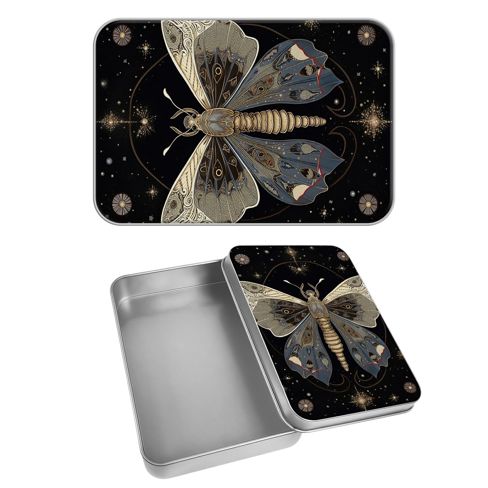 Rectangular Metal Tin Box with Removable Lid, Moth Decorative Printed Metal Storage Container for Cash Ticket Credit Card Check 3.46 x 2.36 x 0.7 inch– Single Pack