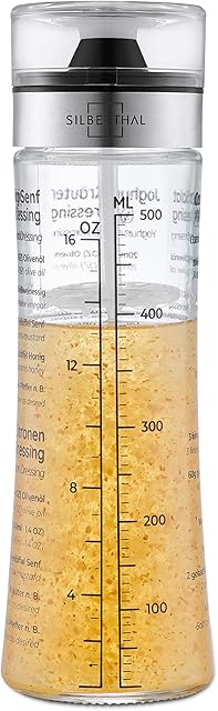 SILBERTHAL Salad Dressing Shaker - Sturdy Glass & Stainless Steel - Glass-Printed Recipes - 500ml Dishwasher Safe