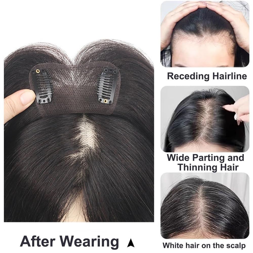 Topper per capelli umani con frangia 8 x 11 cm, base in pizzo svizzero, parrucca morbida, leggera e traspirante con 3 clip, linea di capelli naturali per le donne (nero naturale)