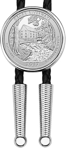 US 2017 Missouri Ozark National Scenic Riverways Quarter BU Uncirculated Coin Simple Silver Slide 36" Black Leatherette Cord Bolo Tie NEW - America