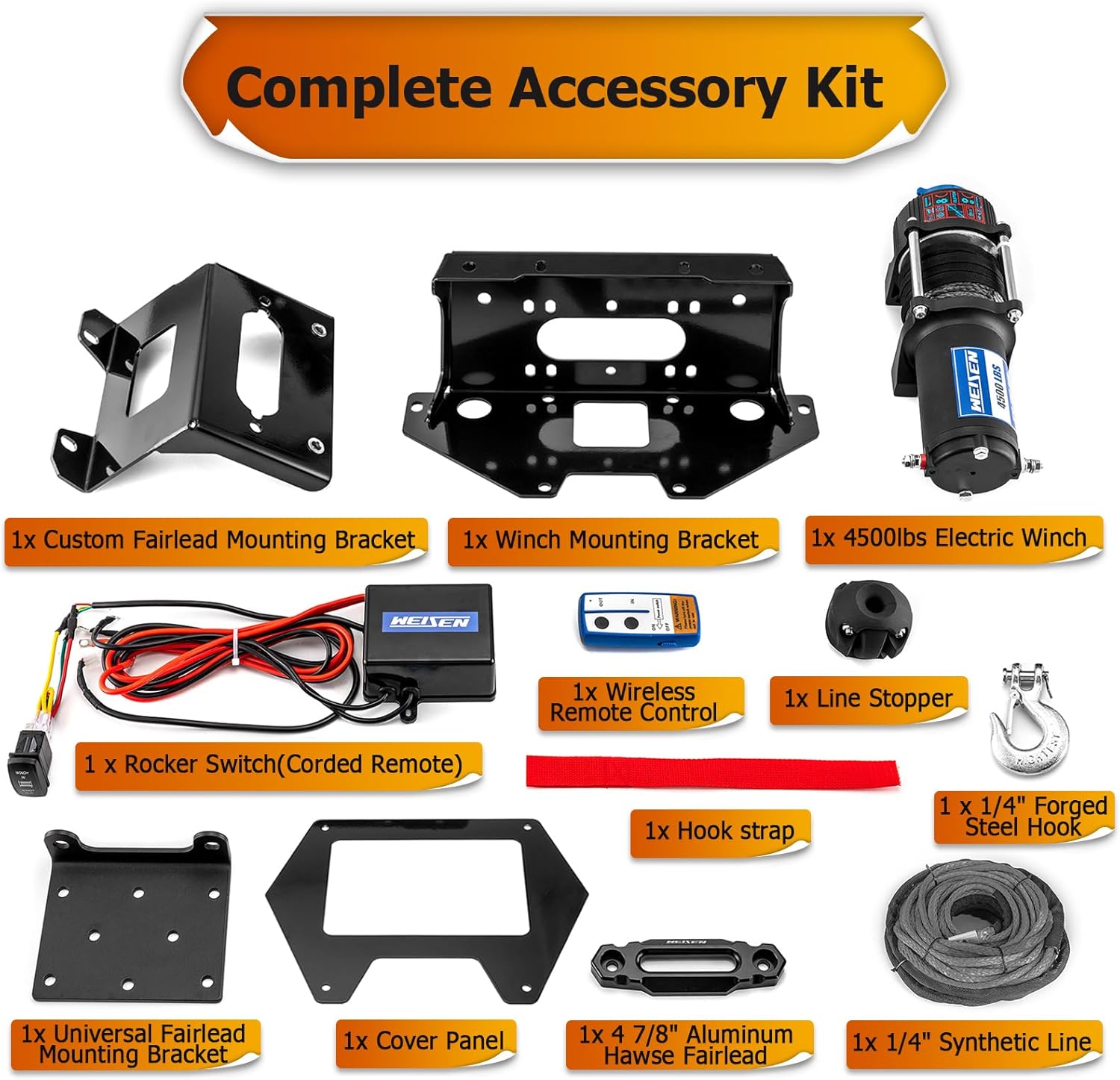 WeiSen 4500lb 12V Electric Winch Kit w/Winch Mount and Rocker Switch Compatible with Polaris RZR PRO XP 4 2020-2024, with Synthetic Line Hawse Fairlead and Hook Stopper