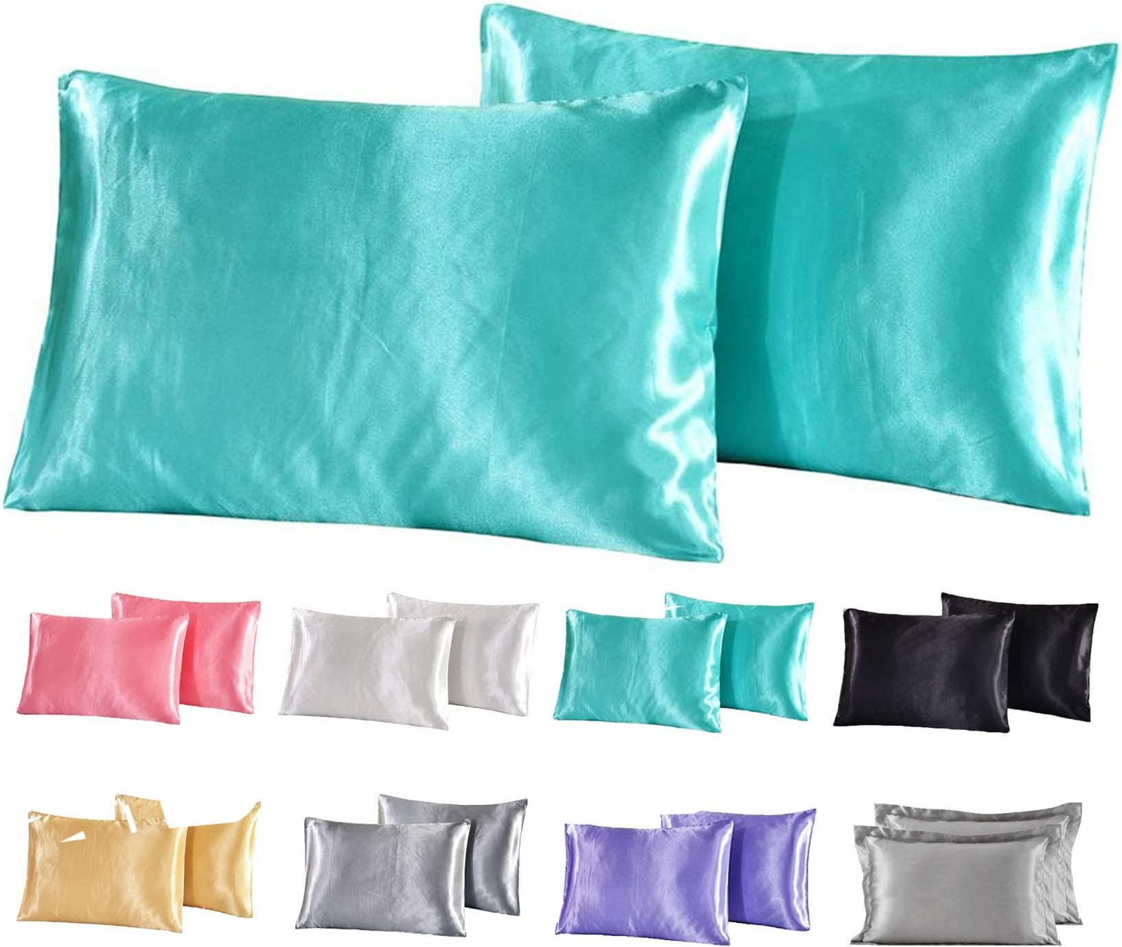 Panlom® Pack 2 Soft Satin Pillowcases for Hair and Skin Silk Feeling Anti Wrinkle Facial Care Standard Size Pillow Cover 20 * 29inch/50 * 75cm (Blue)