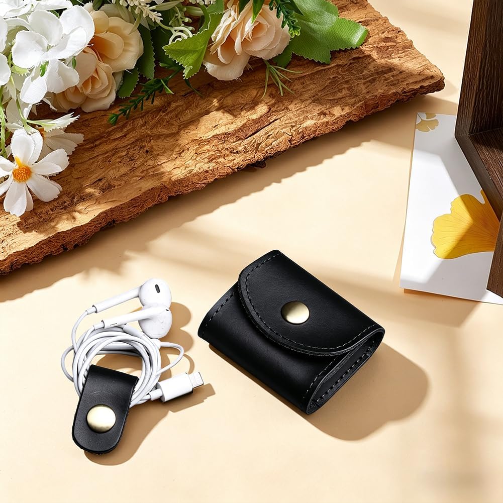 Genuine Leather Earbud Case with Cable Organizer Black Cowhide Headphone Ear Buds Storage Bag Portable Mini Earphone Holder Snap Button Headset Carrying Pouch for Smartphone Earpieces image 4