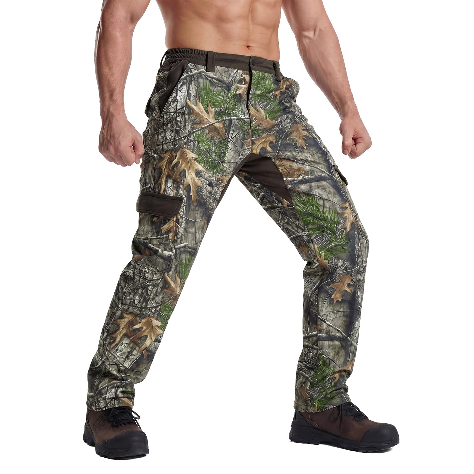 LOOGU Men's Fleece Lined Insulation Camo Hunting Pants Windproof Water-Resistant Softshell Tactical Pants for Men 34W x 32L Loogu Super Tree Camo-contrast