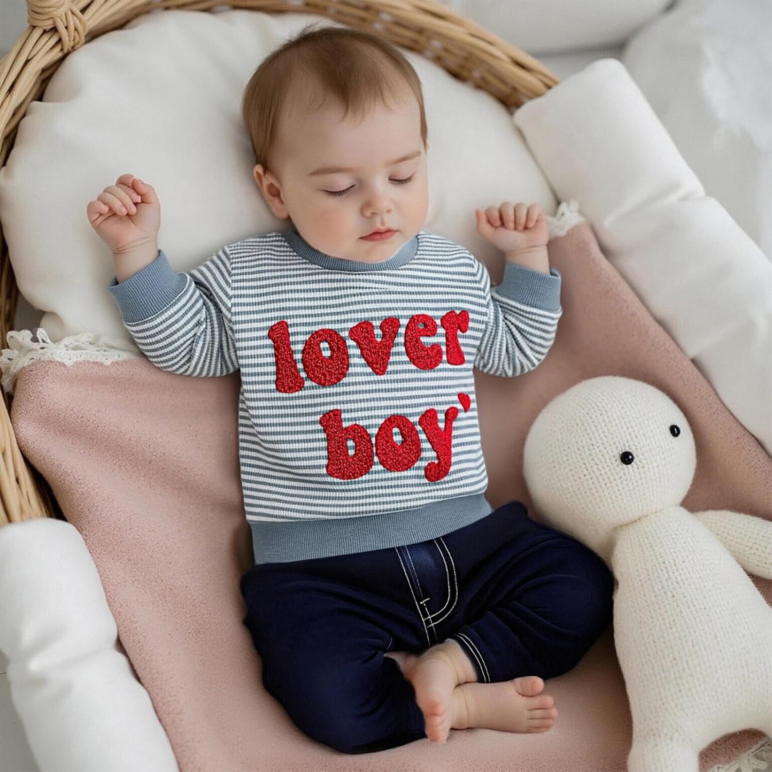 Toddler Baby Boy Valentines Day Outfit Lover Boy Embroidery Crewneck Sweatshirt Long Sleeve Pullovers Shirts Top - Image 4