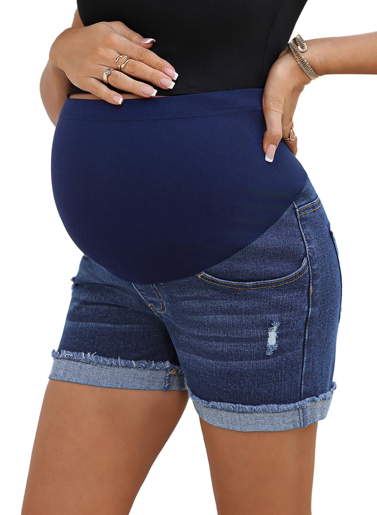 BLENCOT Womens Maternity Jean Shorts Stretchy Comfy Over Belly Ripped Casual Summer Pregnancy Clothes with Pockets