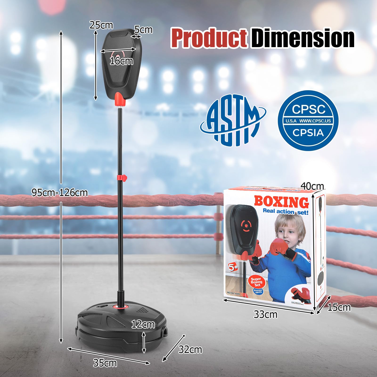 KOMFOTTEU Saco de Boxeo de Pie con Altura Ajustable 95-126 cm, Pelota de Boxeo con Guantes de Boxeo, Punching Ball con Base Rellenable, Set de Boxeo para Niños Mayores de 3 Años