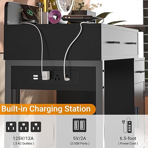 Miniatura 6 de Mesa de tocador con 4 cajones de almacenamiento - Mesa de tocador de maquillaje moderna con estación de carga, mesa de tocador negra con gabinete