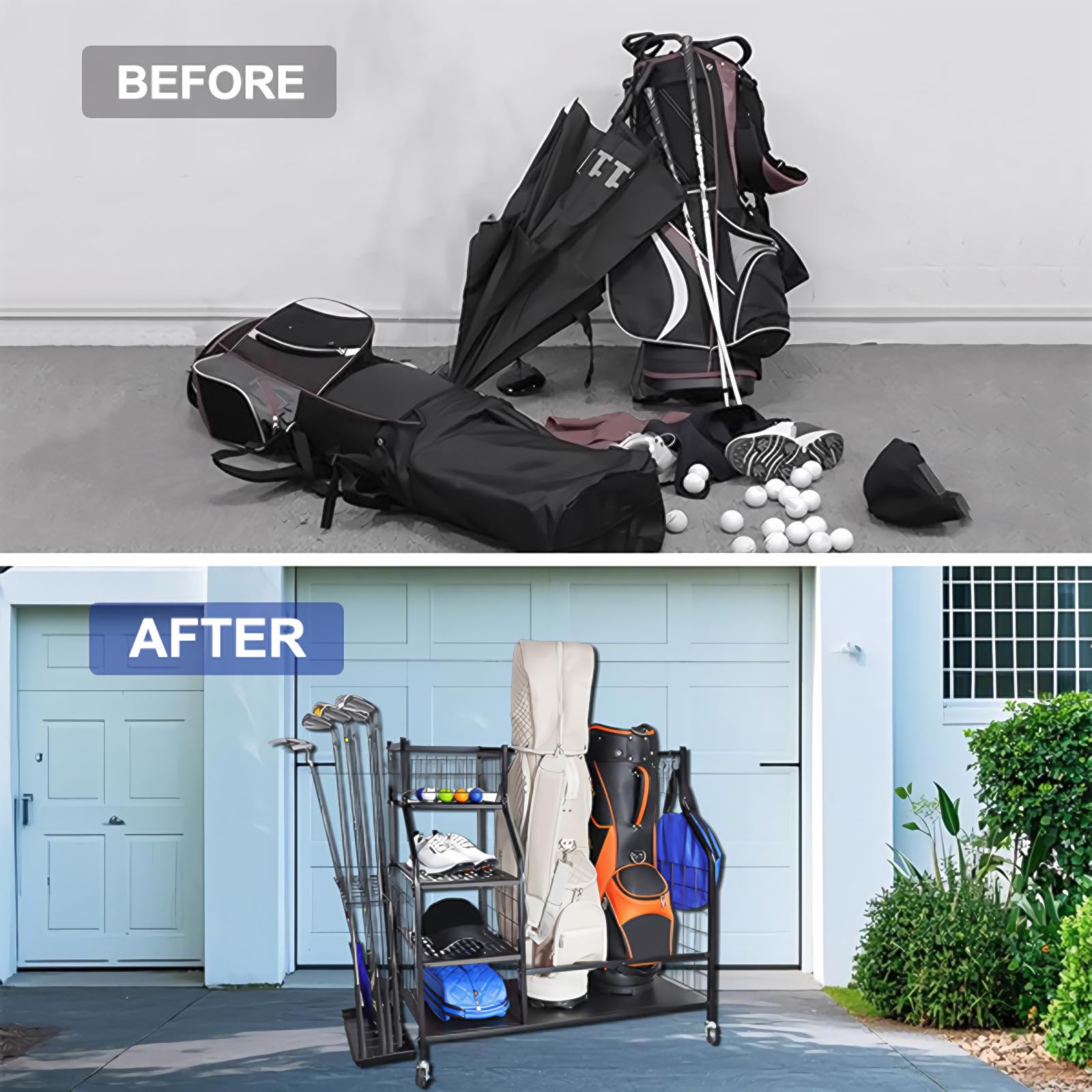 Support de rangement pour sacs de golf, organiseur de rangement avec roues verrouillables, support de rangement pour sacs de golf, clubs de golf et accessoires d'équipement de golf, pour garage