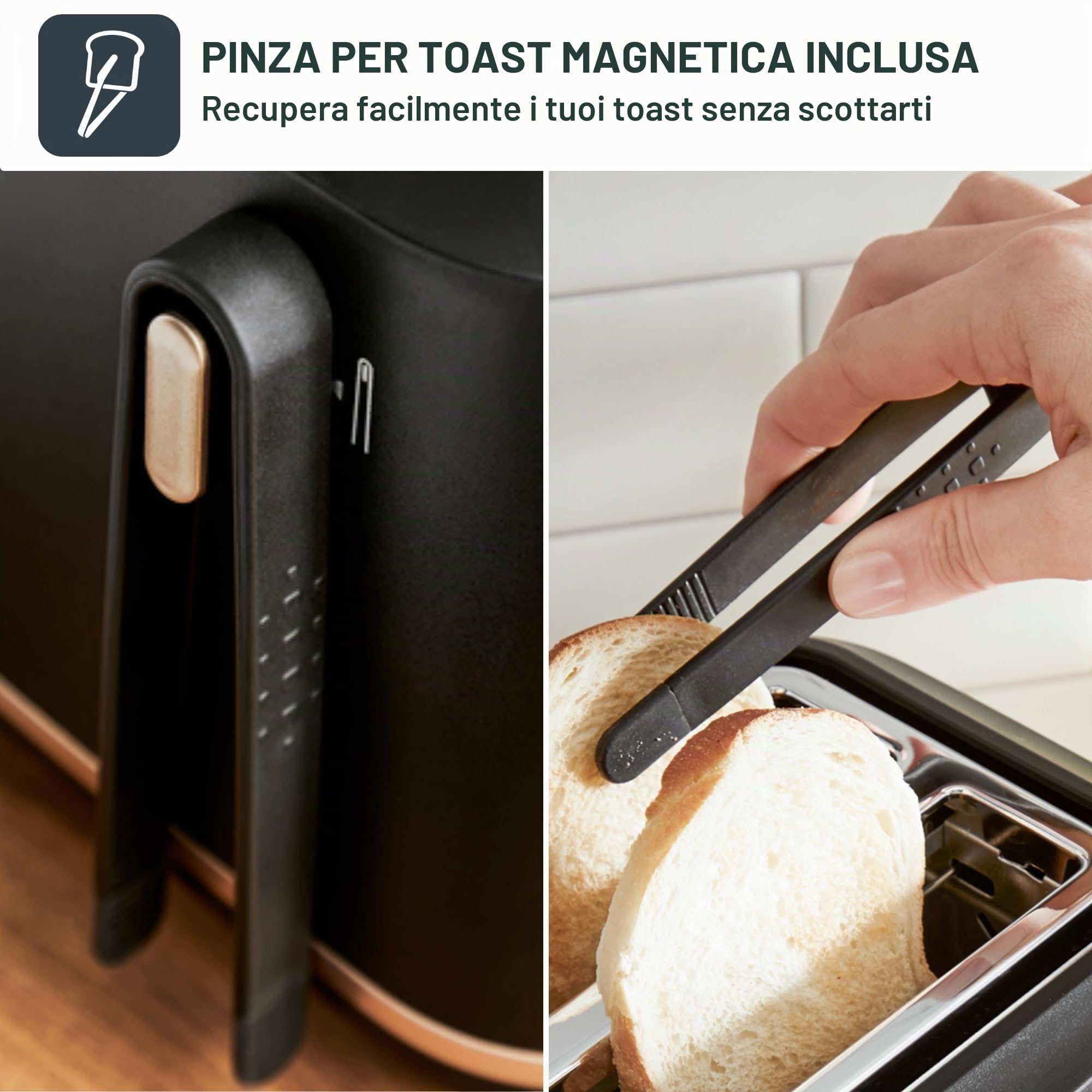 Tefal Includeo TT533811 Tostapane, 2 scomparti, pinza magnetica, tostapane con pulsanti grandi, 7 livelli di doratura, vassoio raccogli briciole estraibile, leva di estrazione