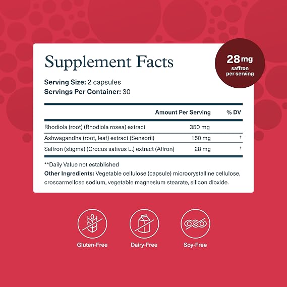 Youtheory Saffron - 60 Capsules (30 Day Supply) - Certified Capsules with Ashwagandha & Rhodiola Rosea - Uplifts & Maintains Healthy Mood* -Supports Focus & Sleep* - Gluten & Sugar-Free Supplement