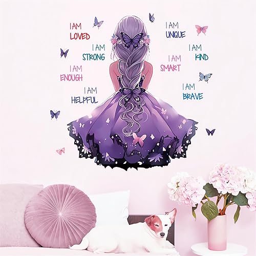 Pegatinas inspiradoras de pared para niña de cola de caballo morada, citas motivacionales de sacinora para pared, calcomanías de pared de mariposa,