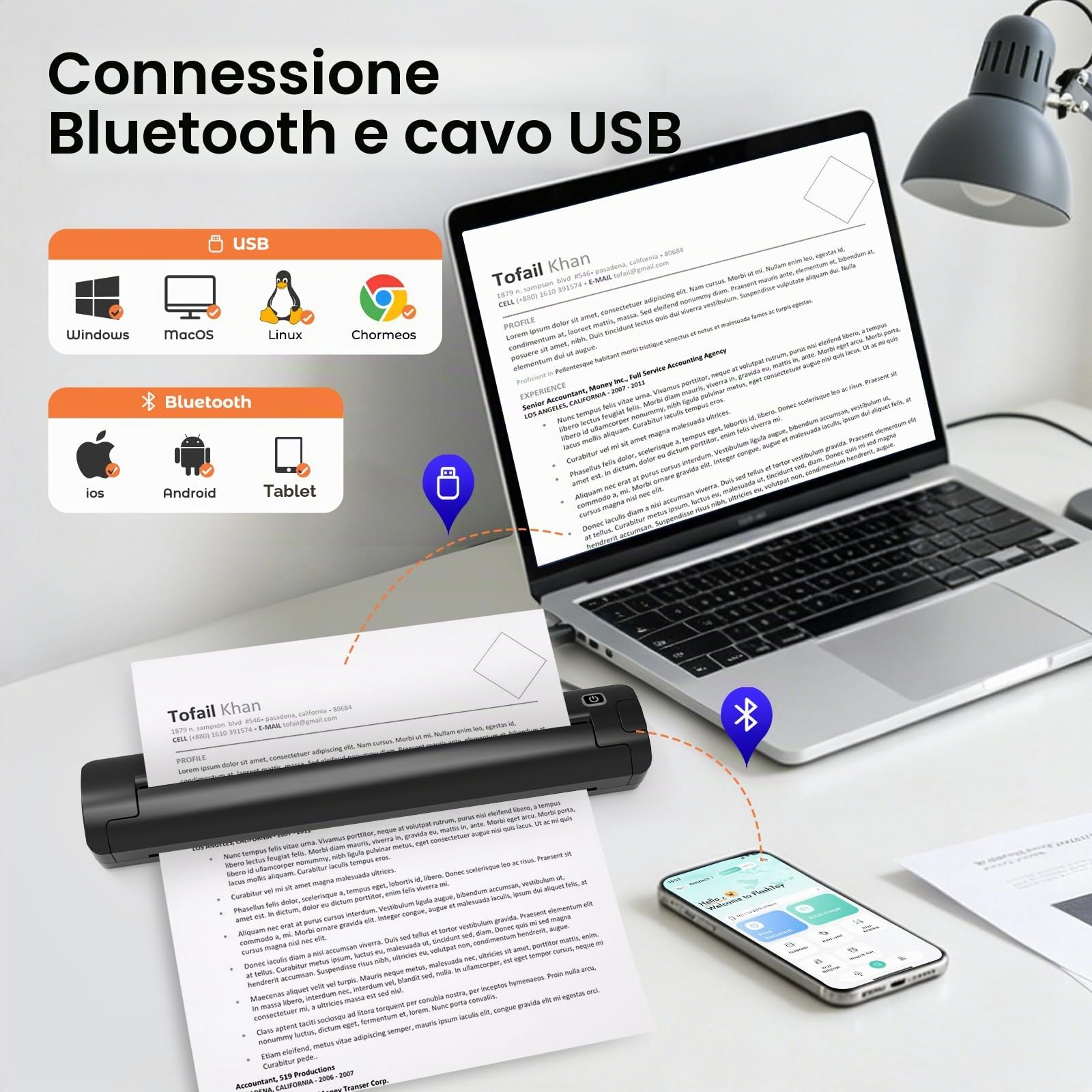 Stampante termica wireless On-The-Go: senza inchiostro, compatta, supporta 8,5 "x 11" (Letter/Legal), A4 e A5 - Compatibile con Android, iOS e laptop (con 10 carta termica piegata)
