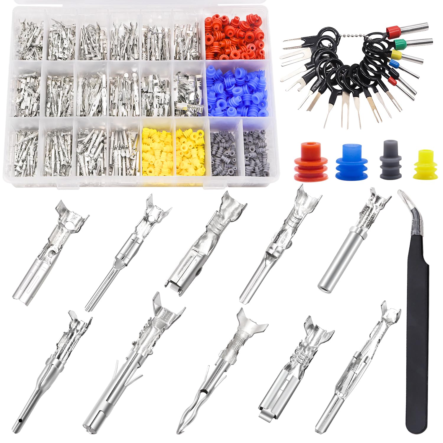 mankk Automotive Electrical Pin Connector Terminal Pins Kit 1.5/1.8/2.5/2.8mm Male Female Crimp Terminal Pins Non-Insulated Plug Removal Tool Kit for 22-12 Gauge Plug