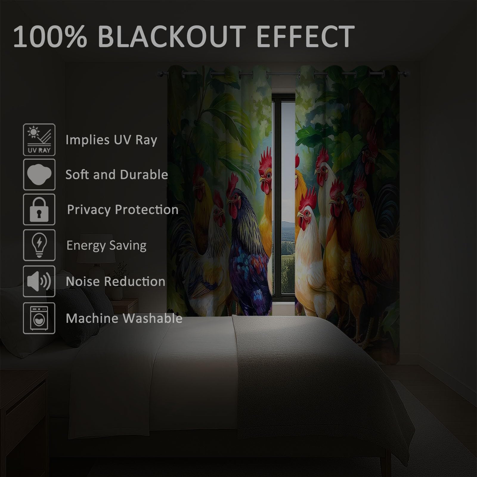 Tende Oscuranti per Interni 2 Pezzi 140x140 cm (LxA), Dipinto Olio Animali Pollo Foglie Tenda Coprente per Soggiorno, Termiche Isolanti Verde Tendaggi per Interno Finestra per Salotto Cucina